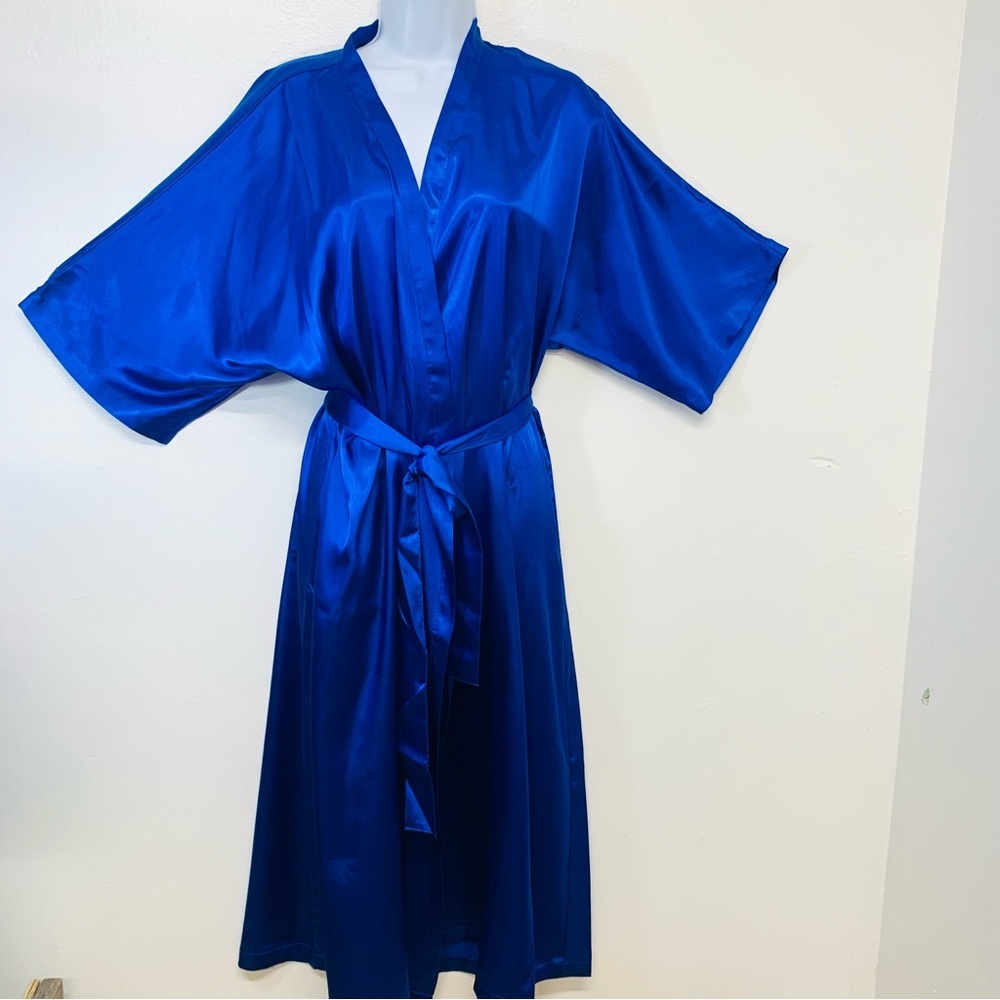 Morgan Taylor Long Robe XS Blue Satin Pockets Belt Belted
